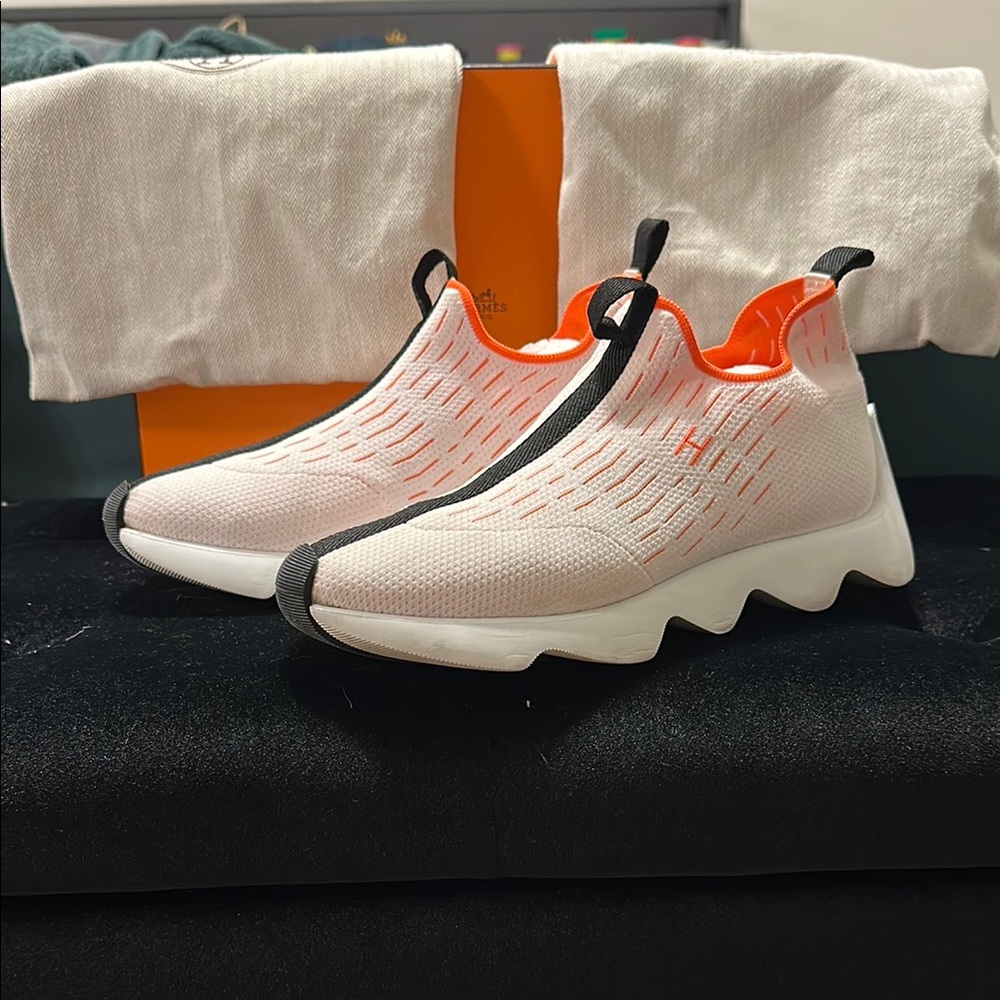 Technical Canvas Goatskin Womens Eclair Sneakers White Orange